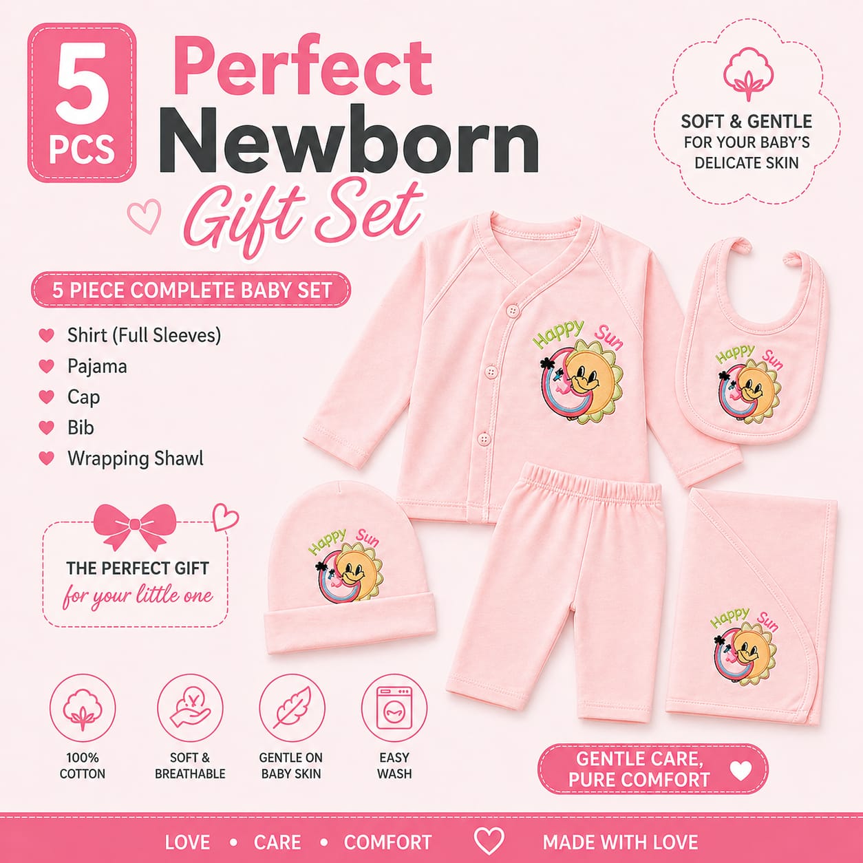BabyAura 5PCS Newborn Baby Clothing Set – 100% Cotton Soft & Comfortable Baby Gift Set