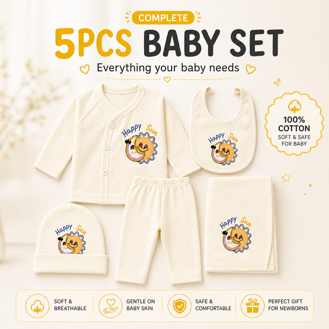 BabyAura 5PCS Newborn Baby Clothing Set – 100% Cotton Soft & Comfortable Baby Gift Set