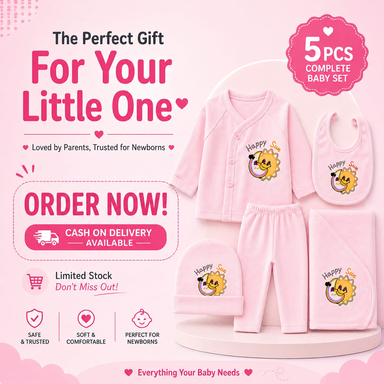 BabyAura 5PCS Newborn Baby Clothing Set – 100% Cotton Soft & Comfortable Baby Gift Set