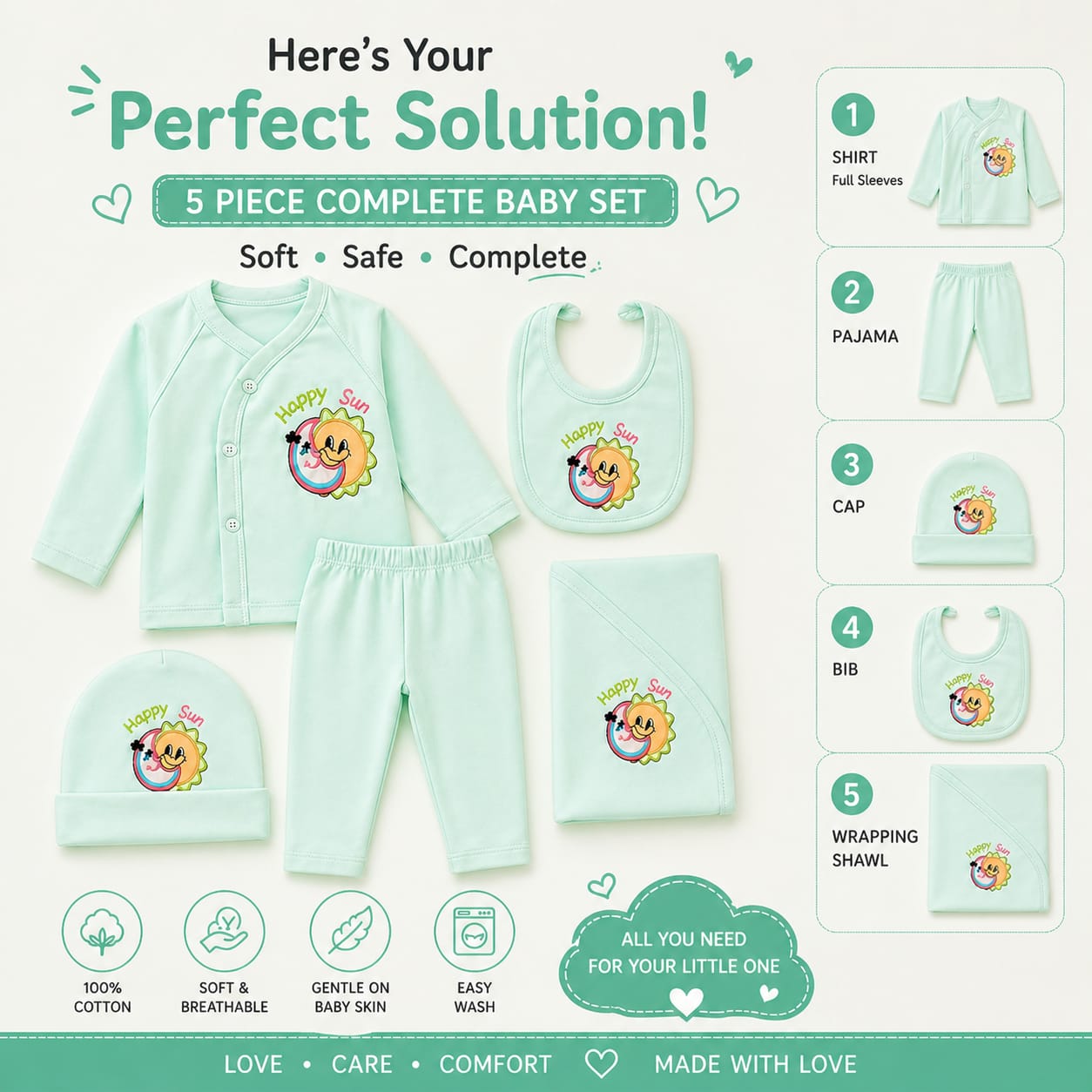 BabyAura 5PCS Newborn Baby Clothing Set – 100% Cotton Soft & Comfortable Baby Gift Set