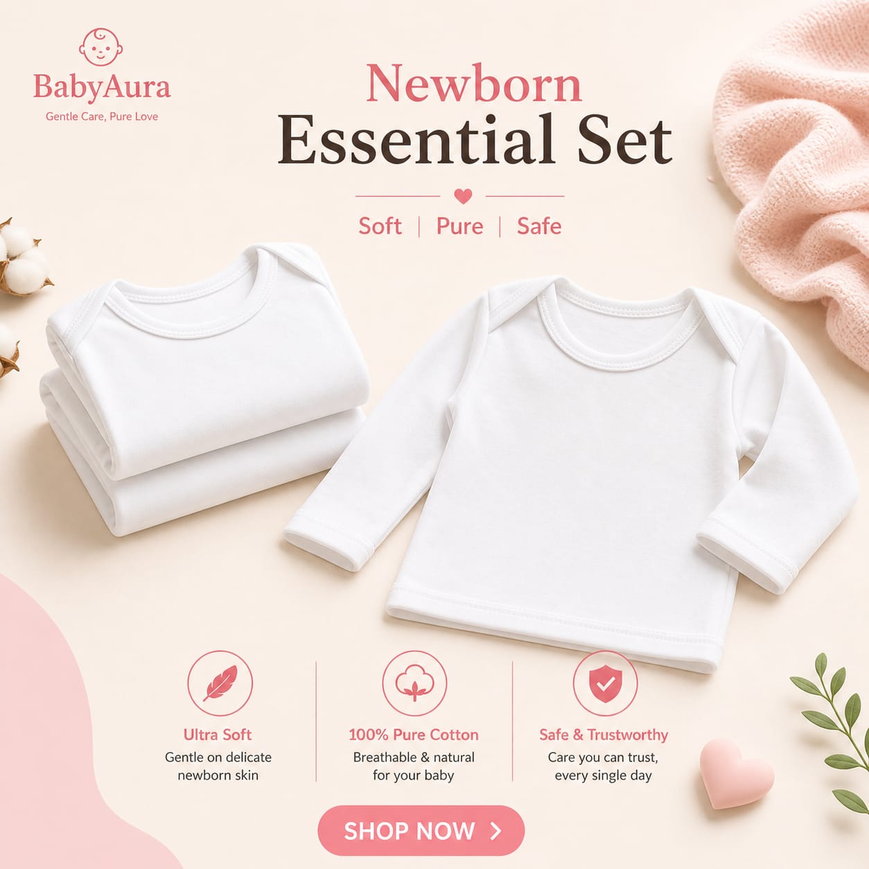 BabyAura Newborn Essential Set – Ultra Soft 100% Pure Cotton for Newborn Babies