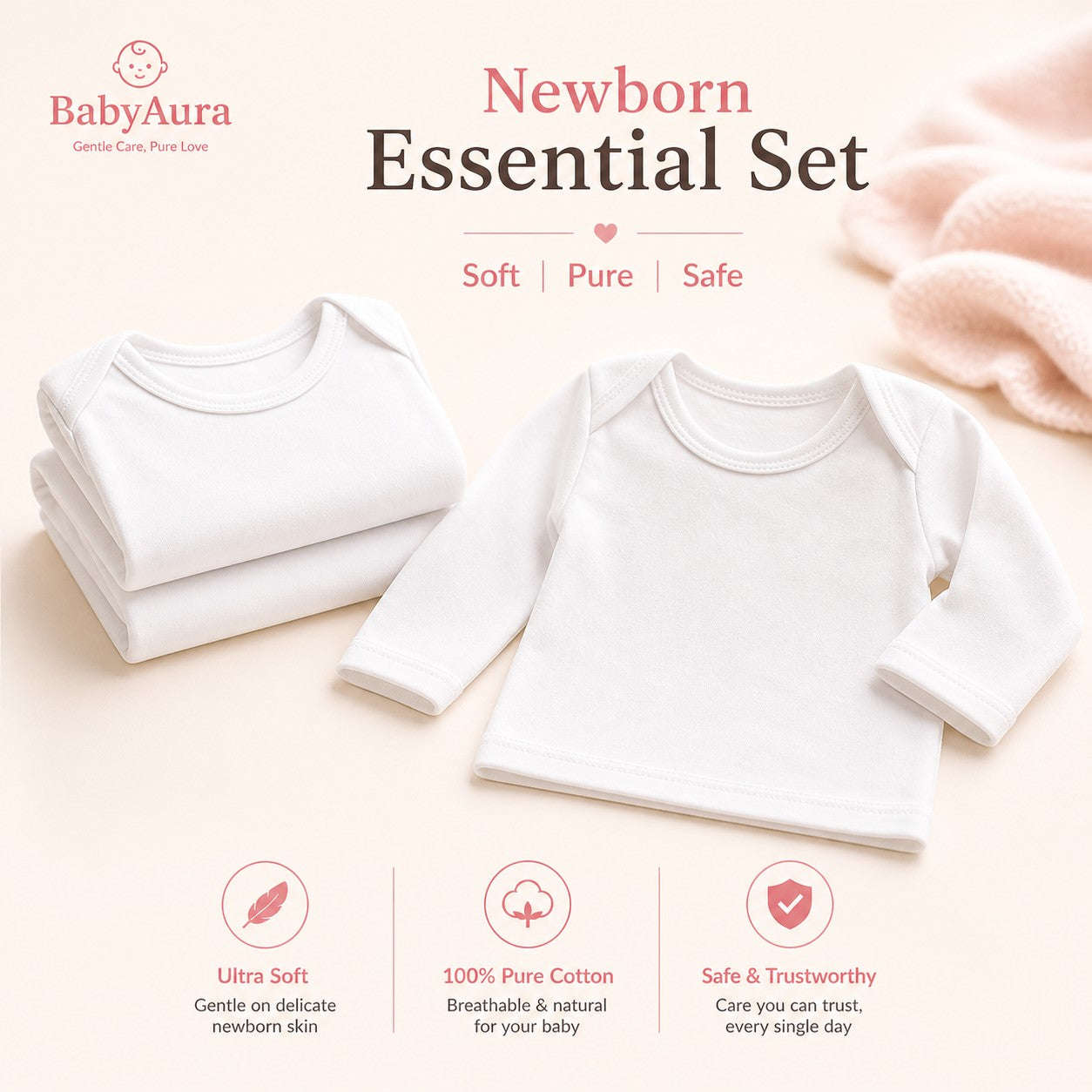 BabyAura Newborn Essential Set – Ultra Soft 100% Pure Cotton for Newborn Babies